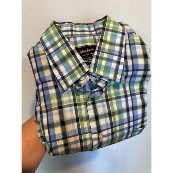 Neiman Marcus Mens Large Plaid Trim Fit Button Up Shirt Blue Green White Plaid - Picture 12 of 12